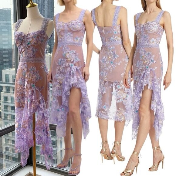 Bronx and Banco NWOT Eva Midi Dress in Lilac Floral Embroidery Size XS US 2 - Picture 5 of 14